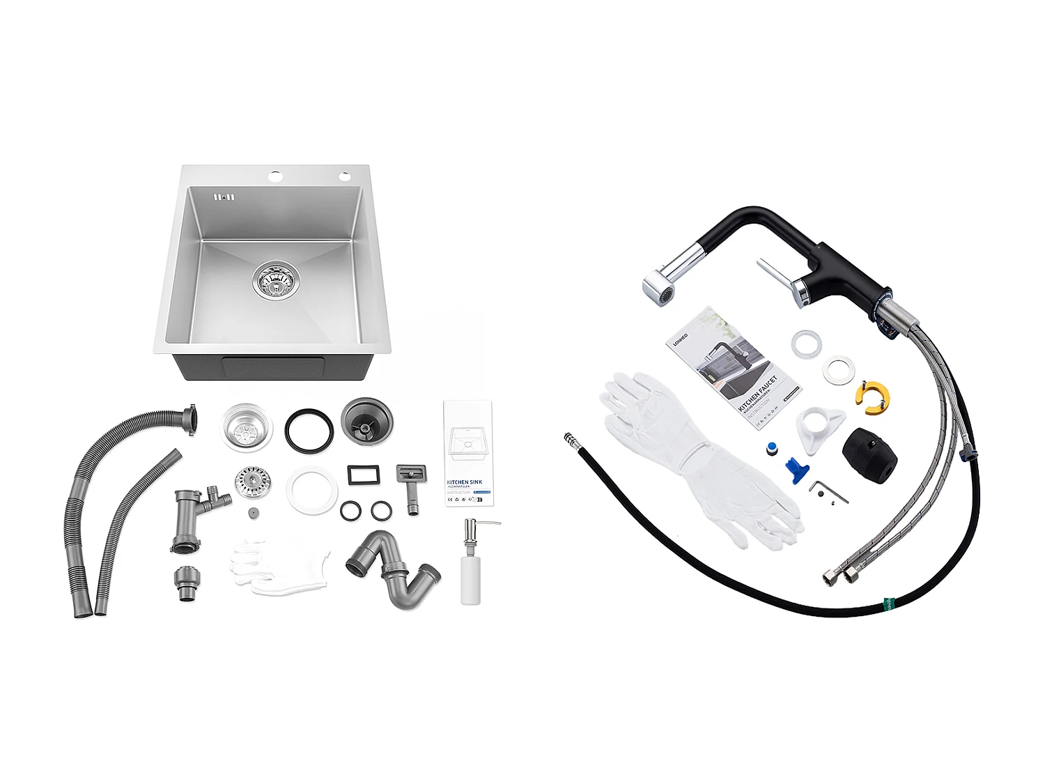 Aanrecht 1Bak Zilver,44*49*20 CM,met Zeepdispenser,Inox+Roterende 360° Draaibare RVS Uittrekbare Keukenkraan