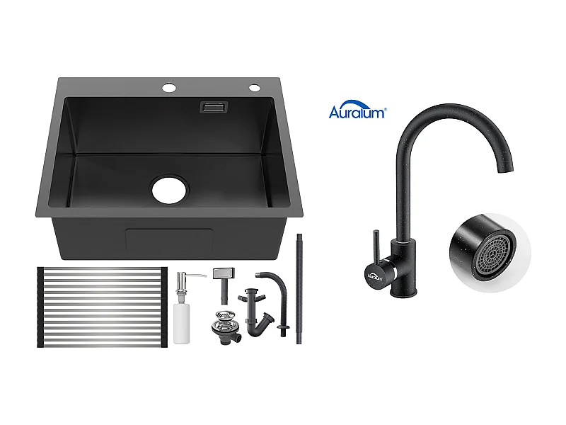 Lavello Cucina1Bac Nero 58*45*18CM, con Scolapiatti Lavello Avvolgibile/Distributore Sapone+Rubinetto Cucina Rotativo 360° Nero