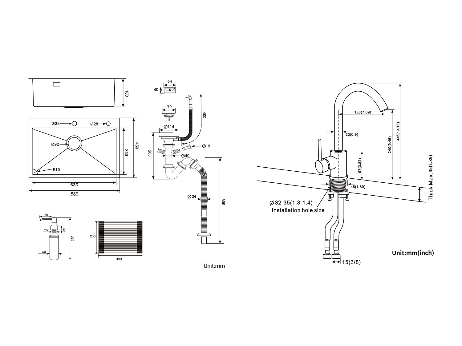 Küchenspüle 1 Becken Schwarz 58*45*18CM, mit aufrollbarem Abtropfgestell/Seifenspender+360° drehbarem Küchenhahn Schwarz mit weißen Punkten