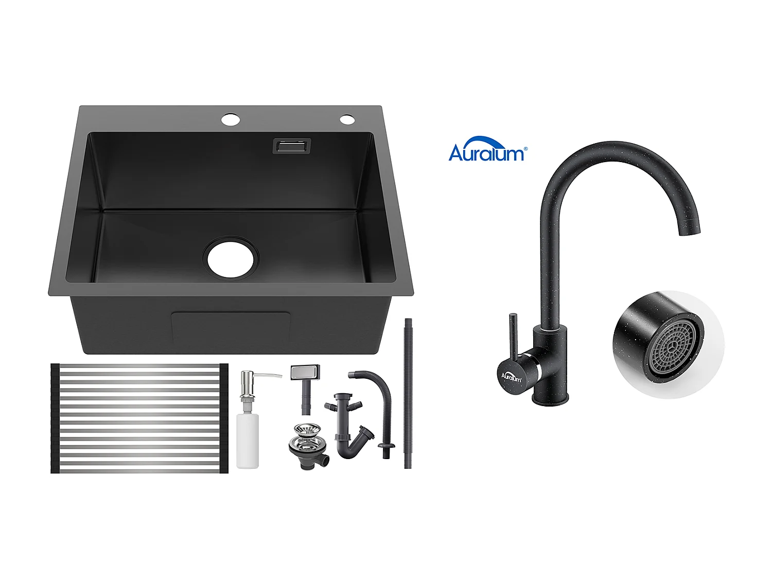 Évier Cuisine1Bac Noir 58*45*18CM,avec Egouttoir évier Enroulable/Distributeur Savon+Robinet Cuisine Rotatif 360° Noir avec points blancs