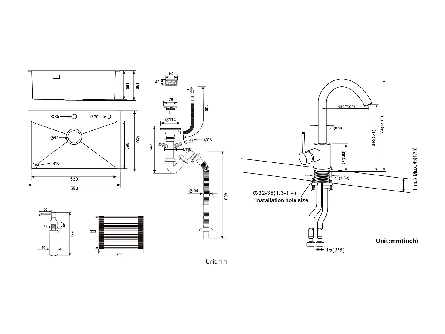 Évier Cuisine1Bac Noir 58*45*18CM,avec Egouttoir évier Enroulable/Distributeur Savon+Robinet Cuisine Rotatif 360° Noir avec points blancs
