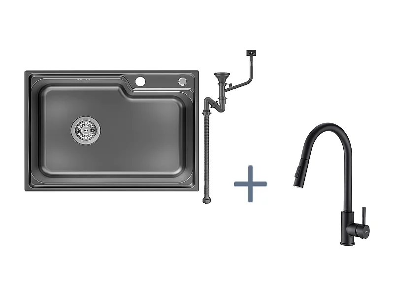 Auralum Max Évier Cuisine 1 Bac 62*45*21CM,en Inox PVD Nano Vasque à Poser,Noir+Robinet Cuisine avec Douchette,Mitigeur EVIER Extractible,Noir