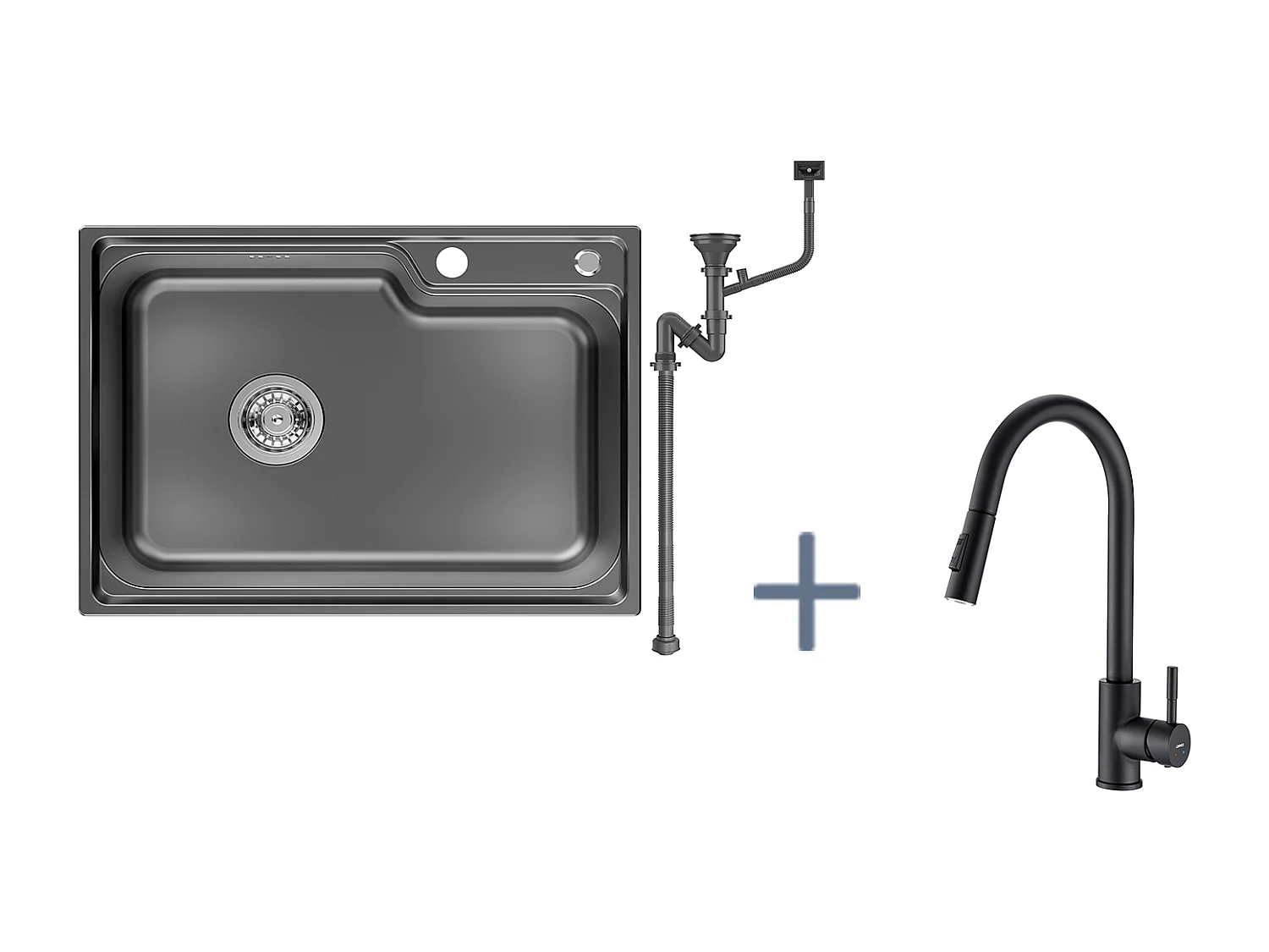 Auralum Max Évier Cuisine 1 Bac 62*45*21CM,en Inox PVD Nano Vasque à Poser,Noir+Robinet Cuisine avec Douchette,Mitigeur EVIER Extractible,Noir