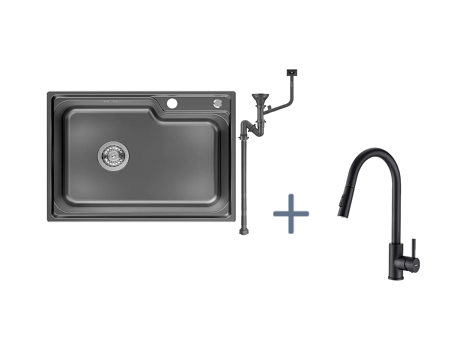 Auralum Max Évier Cuisine 1 Bac 62*45*21CM,en Inox PVD Nano Vasque à Poser,Noir+Robinet Cuisine avec Douchette,Mitigeur EVIER Extractible,Noir