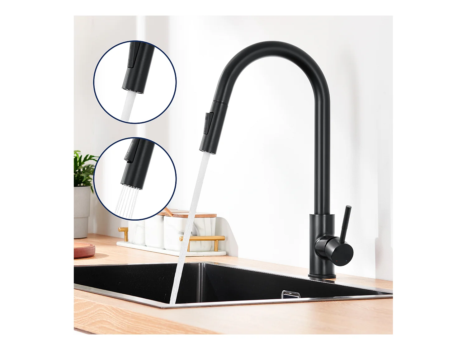 Auralum Max Aanrecht 1 Bak 62*45*21CM, RVS PVD Nano Wastafel, Zwart+ Keukenkraan metHanddouche, EVIER Uittrekbare Mengkraan, Zwart