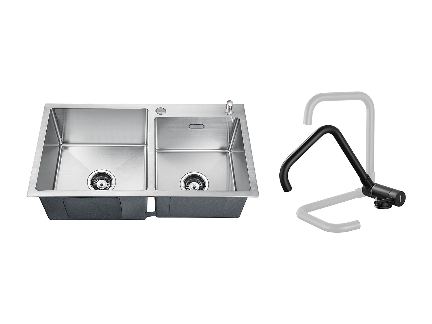 2 en1 Évier Cuisine 2 Bac 75x45x19cm,Encastré/à Poser avec Distributeur Savon+Mitigeur Cuisine Rabattable Pivotant 360° Eau froid Chaud,Noir