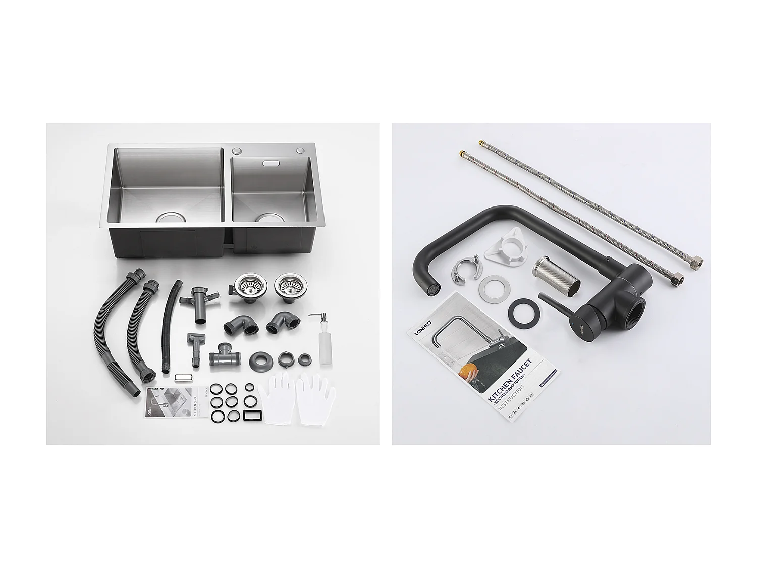 2 en1 Évier Cuisine 2 Bac 75x45x19cm,Encastré/à Poser avec Distributeur Savon+Mitigeur Cuisine Rabattable Pivotant 360° Eau froid Chaud,Noir