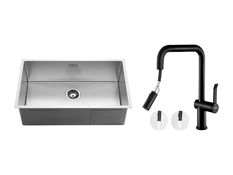 Évier Cuisine 1 Bac 74*44*20CM Inox,Brossé avec Siphon et Trop-Plein+Robinet Cuisine avec Douchette Extractible Rotatif 360 °2