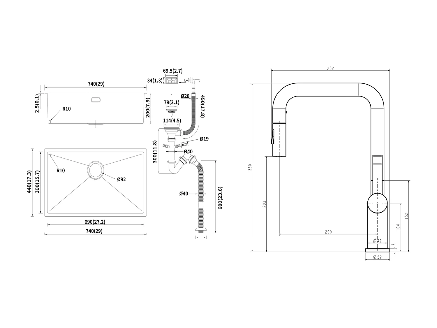 Évier Cuisine 1 Bac 74*44*20CM Inox,Brossé avec Siphon et Trop-Plein+Robinet Cuisine avec Douchette Extractible Rotatif 360 °2