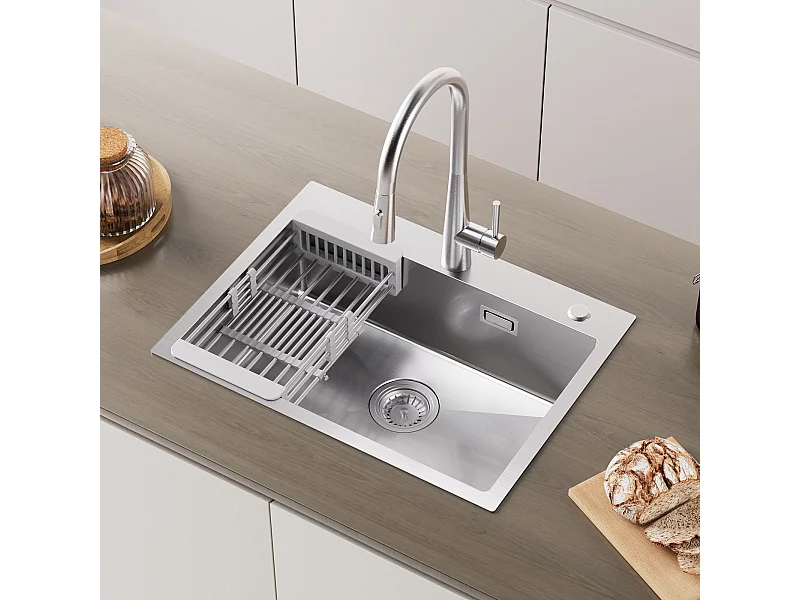 Cecipa max Fregadero de Cocina de 1 Seno 60 × 45 × 18 CM Fregadero de Cocina de Acero Inoxidable Cepillado 304 con Cesta de Drenaje, Modelo UE