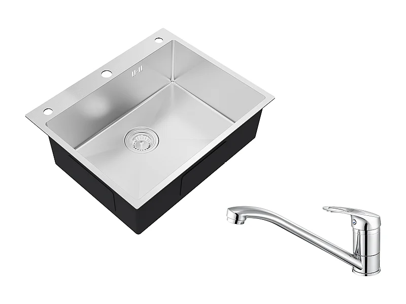 Fregadero Cocina empotrado,1 Bandeja,60*49*20CM,acero inoxidable 304,Silver+Grinet Cuisine,Orientable 360°,Aua Caliente/Fría,Latón,Cromado