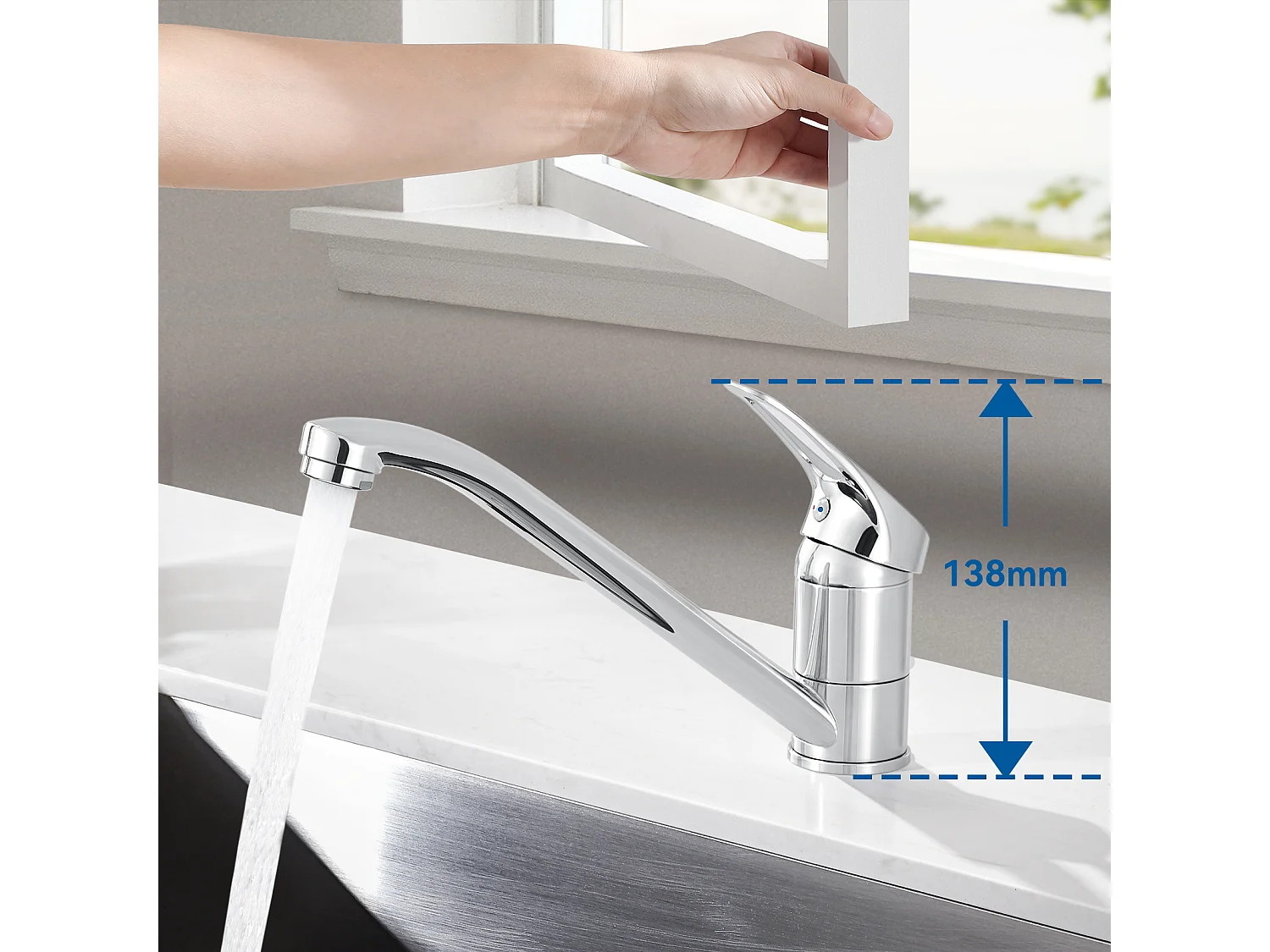 Auralum max Évier Cuisine à Encastrer,1 Bac,60*49*20CM,Évier en inox 304,Silver+Robinet Cuisine,Orientable 360°,Eau Chaude/Froide,en Laiton,Chromé