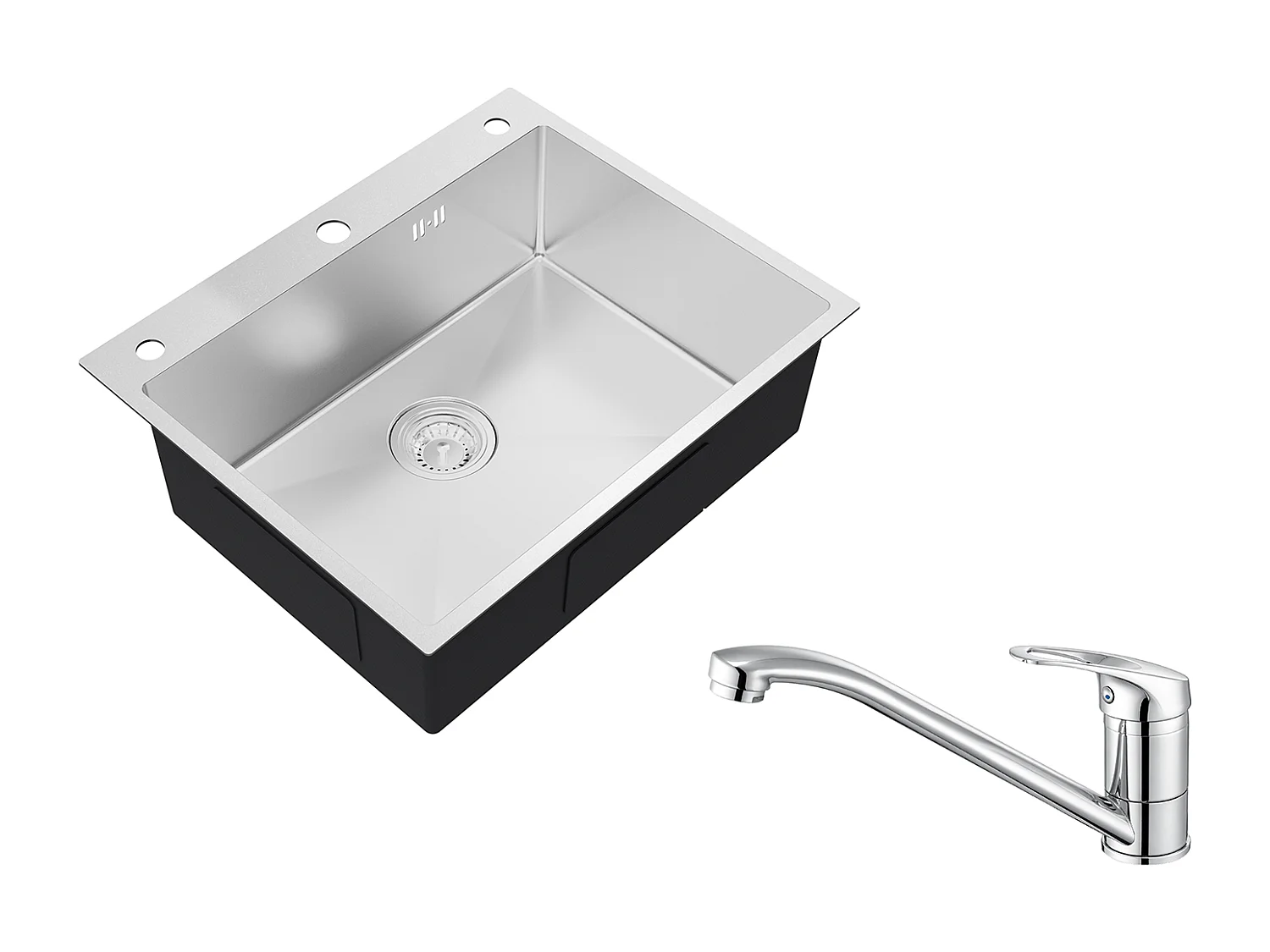 Fregadero Cocina empotrado,1 Bandeja,60*49*20CM,acero inoxidable 304,Silver+Grinet Cuisine,Orientable 360°,Aua Caliente/Fría,Latón,Cromado
