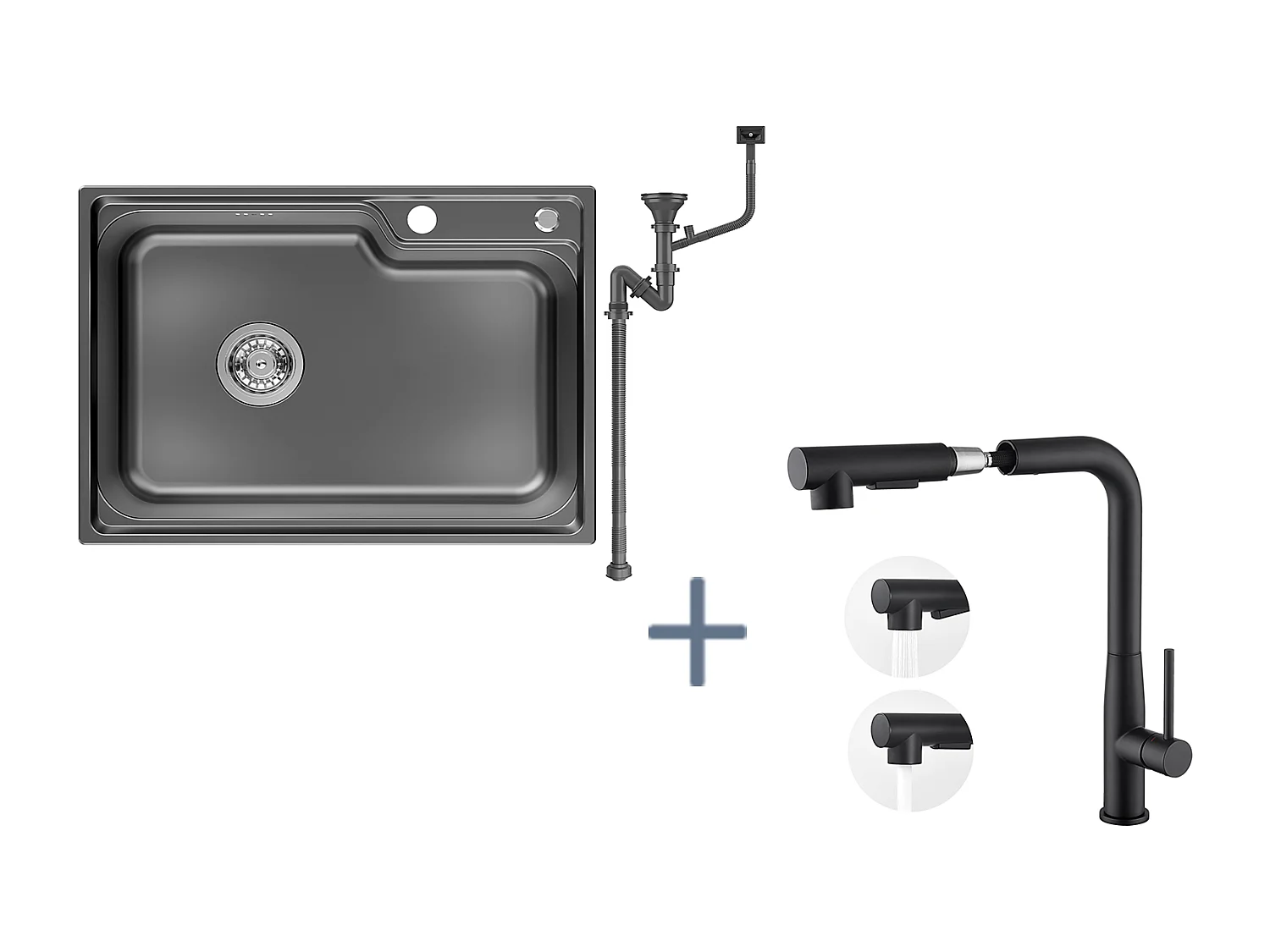 Auralum Max Évier Cuisine 1 Bac 62*45*21CM,en Inox PVD Nano Vasque à Poser,Noir+Robinet Cuisine avec Douchette Extractible,Rotatif 360°,Noir