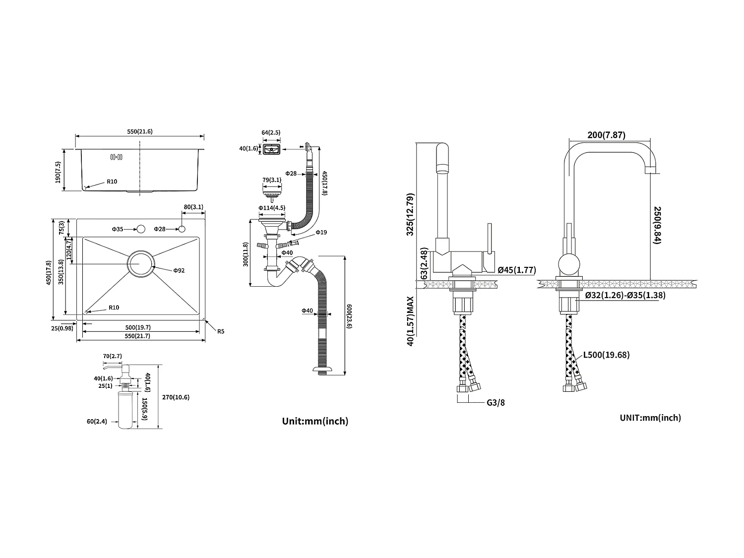 Fregadero Cocina 1 Bandeja 55*45CM Fregadero Empotrado y para Colocar con Dispensador de Jabón+MiTigeur Cocina Plegable Giratorio 360°