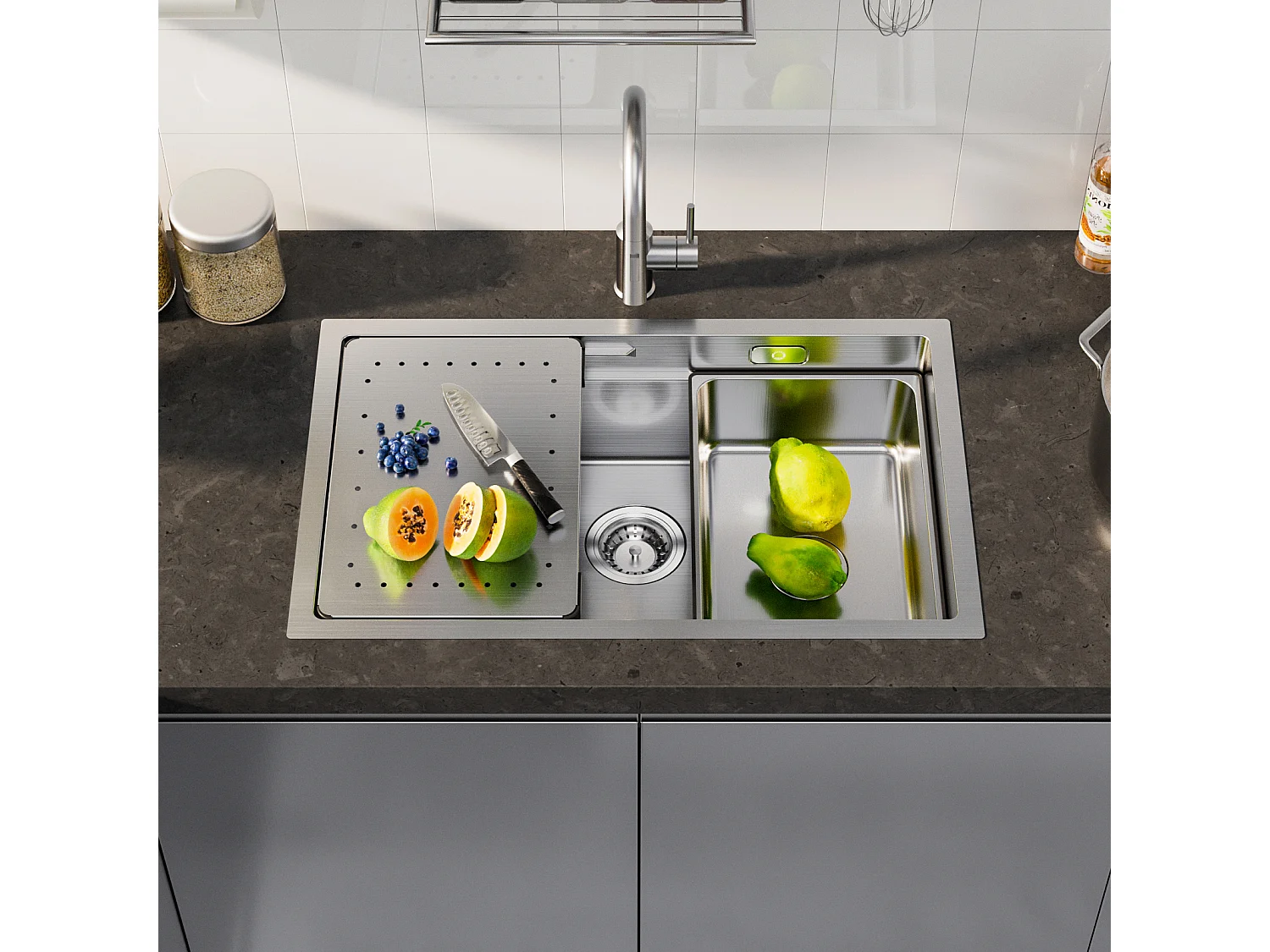 Cecipa max Évier de Cuisine 1 Cuve 70×44×21 cm + Egouttoir + Vasque - Évier Inox de Cuisine Évier de Cuisine Encastré Brossé,EU Modèle