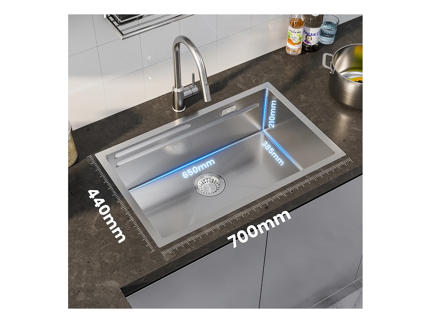 Cecipa max Évier de Cuisine 1 Cuve 70×44×21 cm + Egouttoir + Vasque - Évier Inox de Cuisine Évier de Cuisine Encastré Brossé,EU Modèle