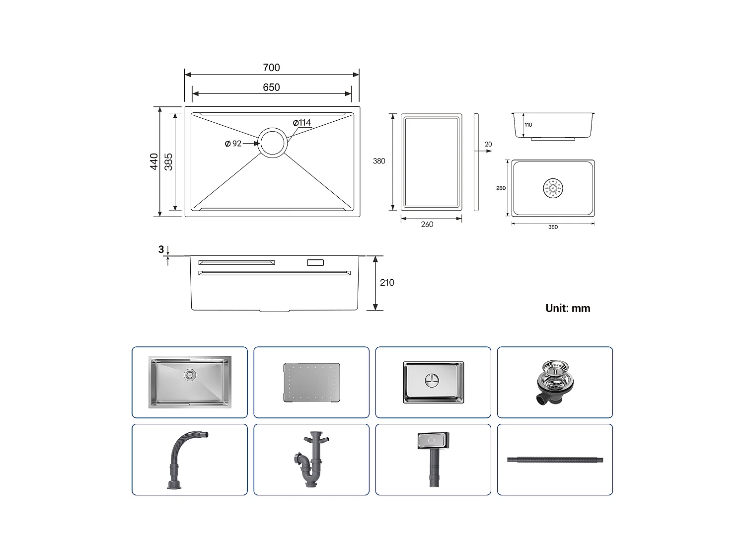 Cecipa max Évier de Cuisine 1 Cuve 70×44×21 cm + Egouttoir + Vasque - Évier Inox de Cuisine Évier de Cuisine Encastré Brossé,EU Modèle