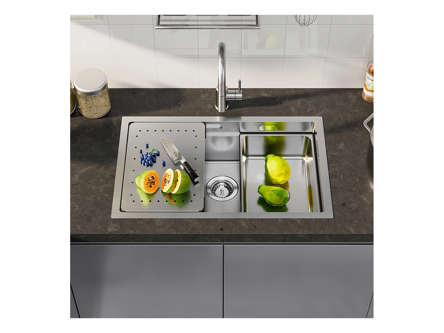 Cecipa max Évier de Cuisine 1 Cuve 70×44×21 cm + Egouttoir + Vasque - Évier Inox de Cuisine Évier de Cuisine Encastré Brossé,EU Modèle