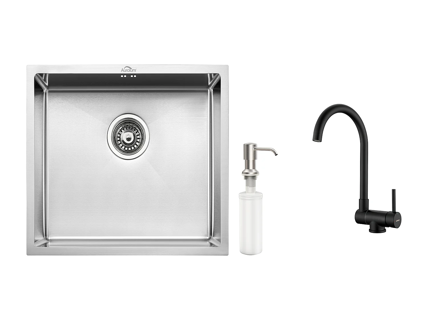 Évier de Cuisine Inox 1 Bac 50*43*18CM avec Distributeur de Savon+Mitigeur Cuisine en Acier Inox 304 Rabattable Pivotant à 360° ,Noir