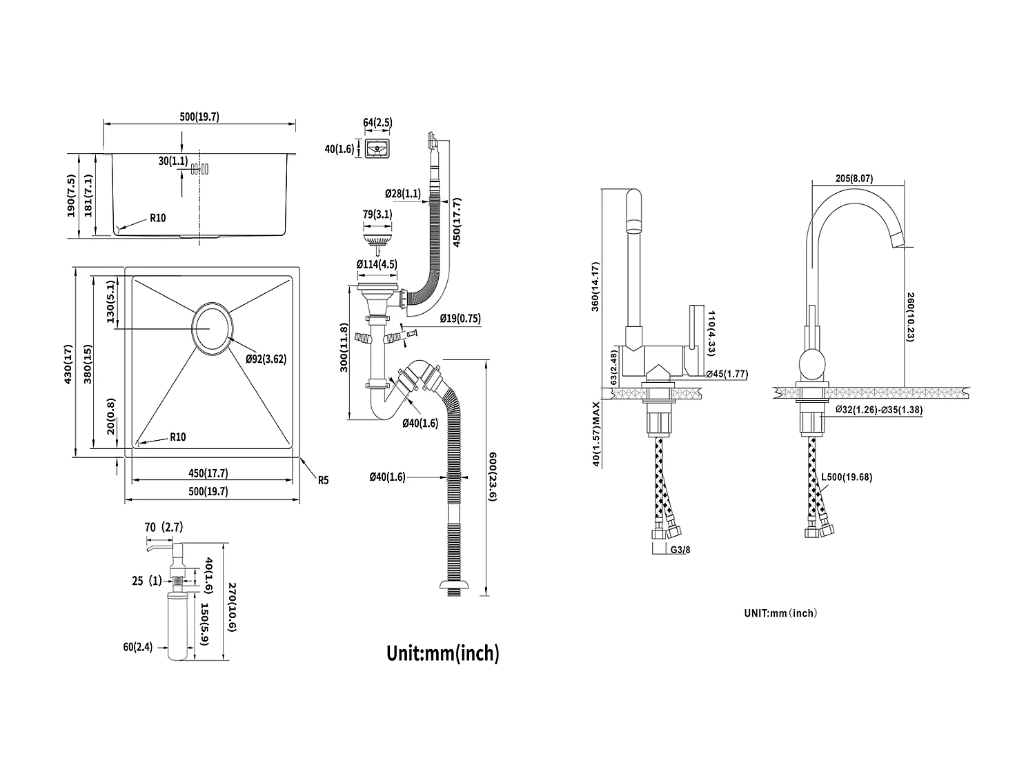 Fregadero de Cocina Inox 1 Bandeja 50*43*18CM con Dispensador de Jabón+Mezclador Cocina eN Acero inoxidable 304 Plegable Girante a 360°, Negro