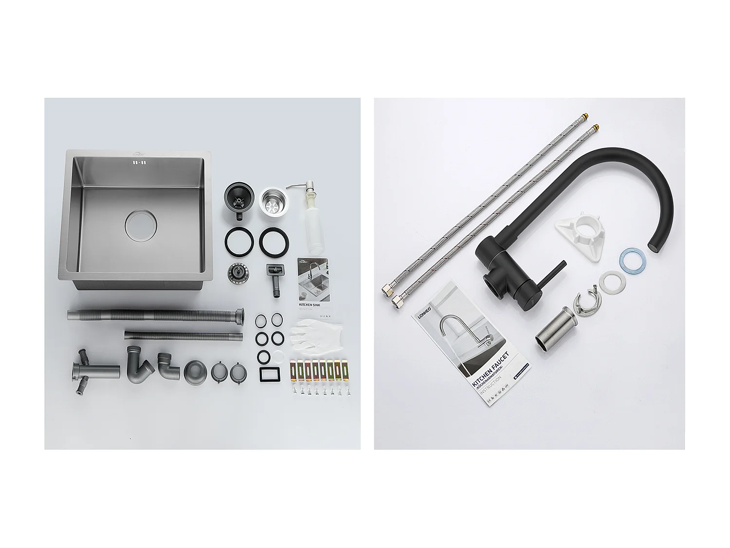 Fregadero de Cocina Inox 1 Bandeja 50*43*18CM con Dispensador de Jabón+Mezclador Cocina eN Acero inoxidable 304 Plegable Girante a 360°, Negro