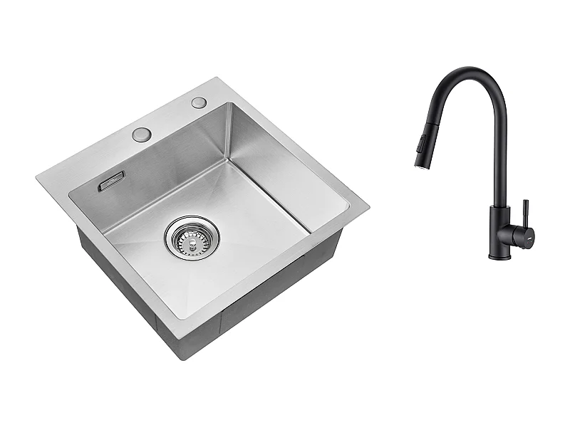 Évier Cuisine 1 Bac 45x45CM Acier Inoxydable 304 ,encastré et à Poser+Robinet de Cuisine Noir,  Inox Extractible Rotatif à 360 °, 2 Fonctions