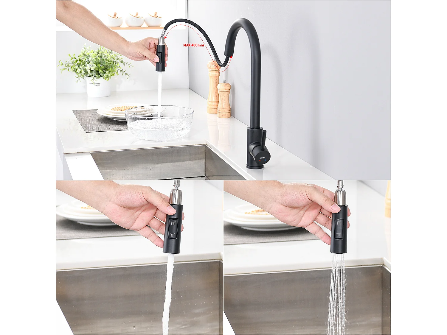 Évier Cuisine 1 Bac 45x45CM Acier Inoxydable 304 ,encastré et à Poser+Robinet de Cuisine Noir,  Inox Extractible Rotatif à 360 °, 2 Fonctions