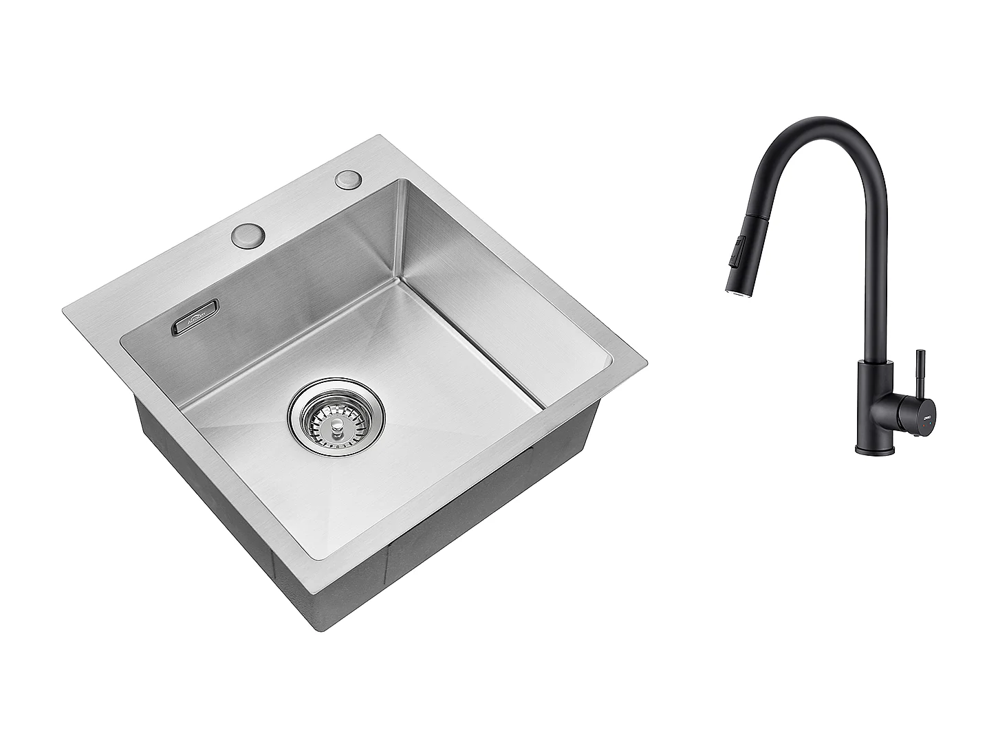 Évier Cuisine 1 Bac 45x45CM Acier Inoxydable 304 ,encastré et à Poser+Robinet de Cuisine Noir,  Inox Extractible Rotatif à 360 °, 2 Fonctions