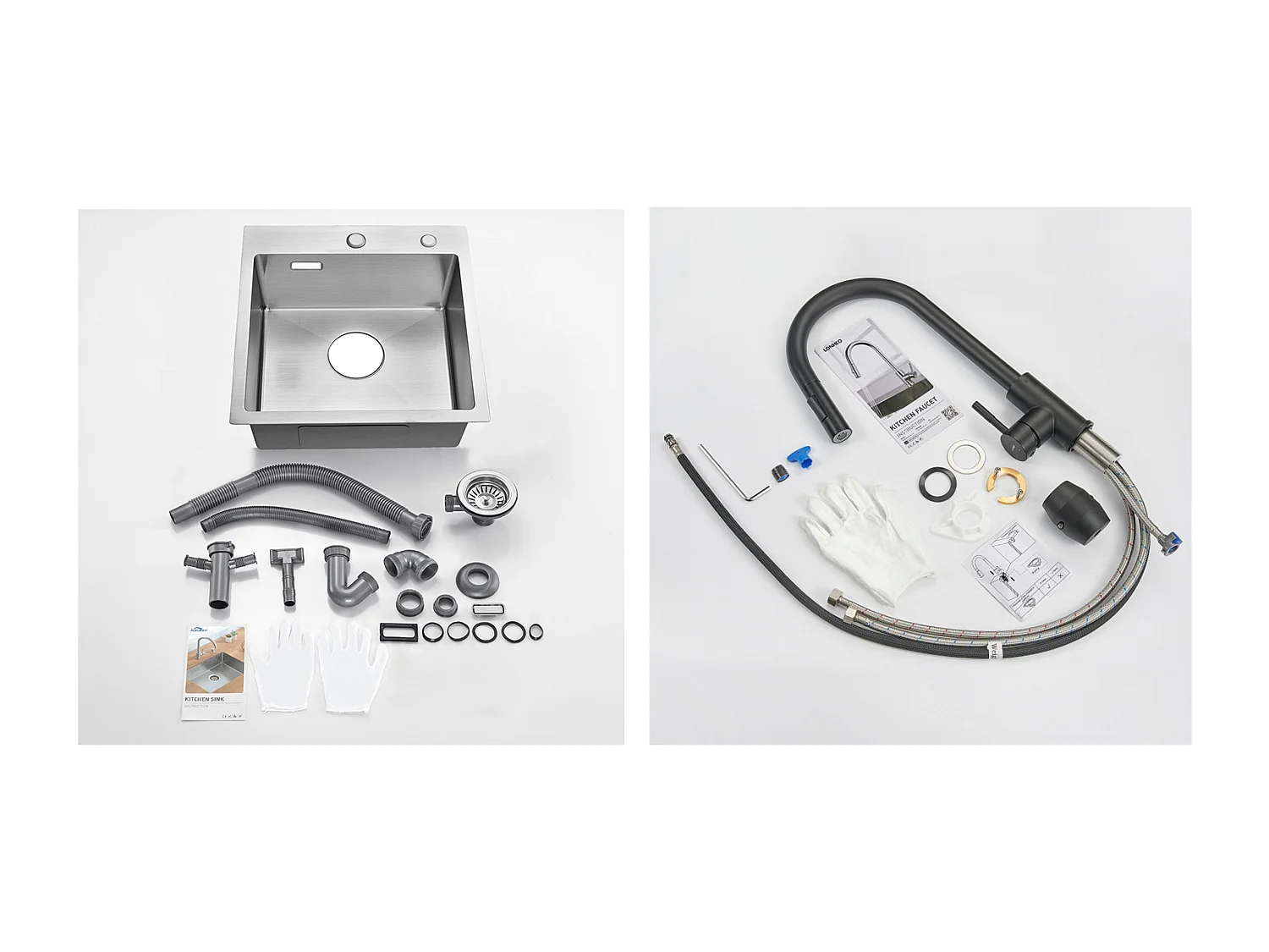 Évier Cuisine 1 Bac 45x45CM Acier Inoxydable 304 ,encastré et à Poser+Robinet de Cuisine Noir,  Inox Extractible Rotatif à 360 °, 2 Fonctions