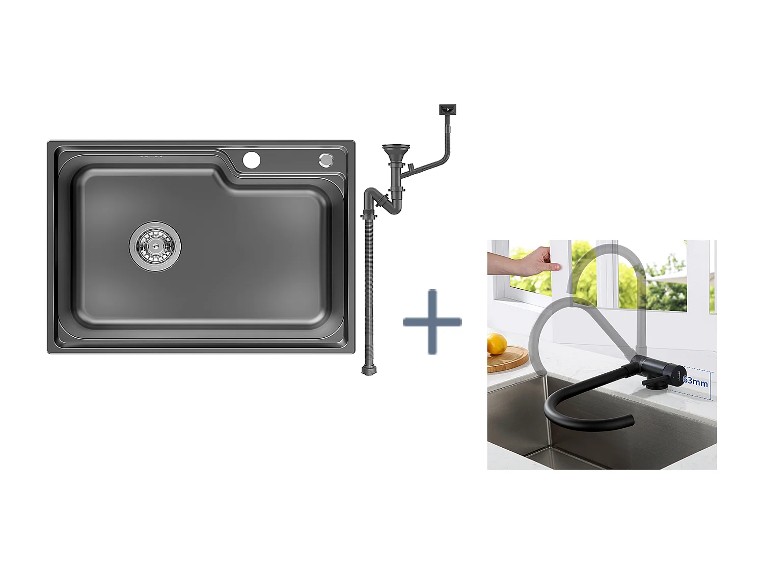 Auralum Max Évier Cuisine 1 Bac 62*45*21CM,en Inox PVD Nano Vasque à Poser,Noir+Mitigeur Cuisine,Acier Inox 304 Rabattable Pivotant à 360°,Noir