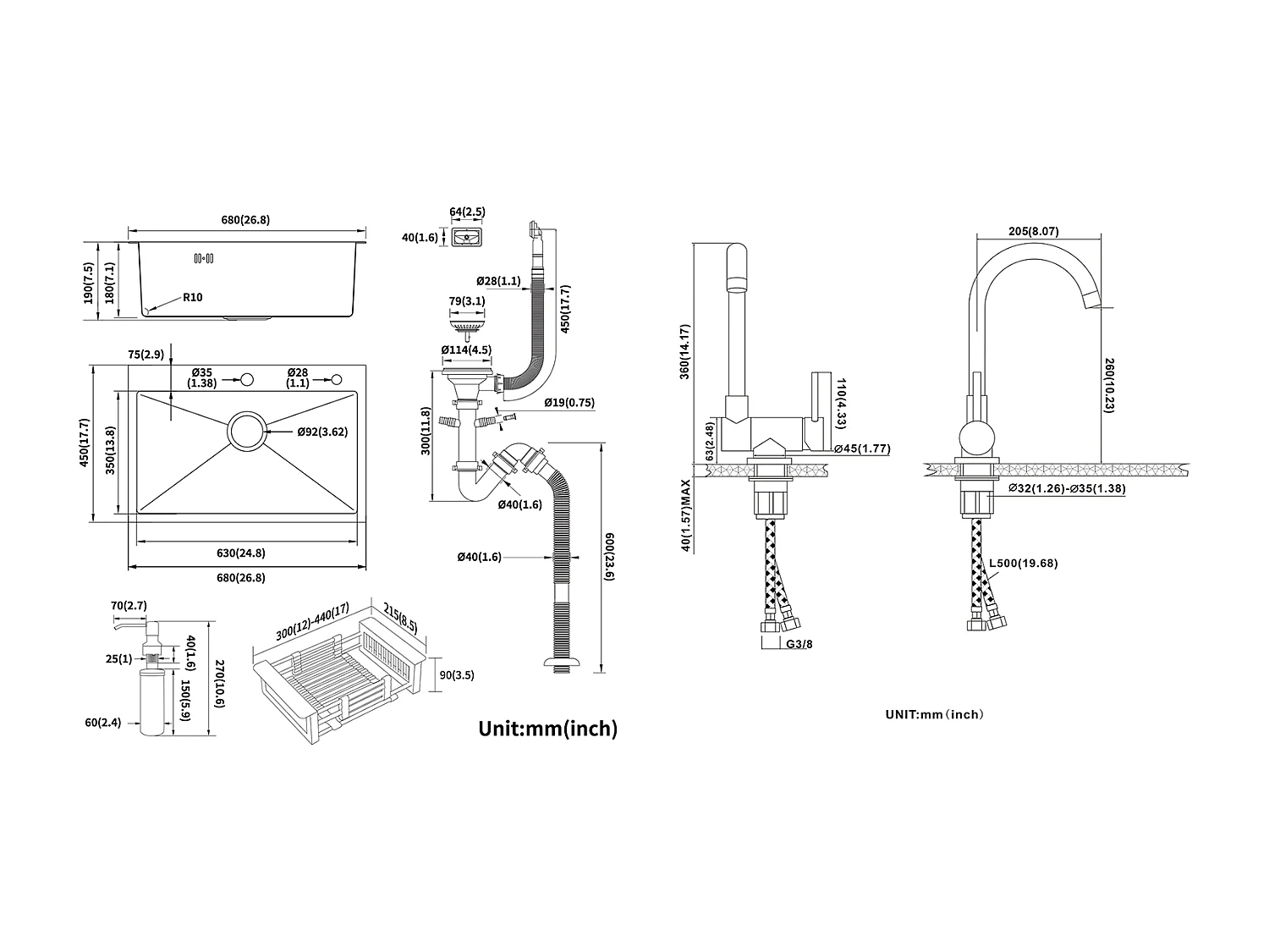 Lavello da Cucina Nero 68x45x19CM con Distrustore di sapone/Scolapiatti cestino+Miscelatore Cucina Pieghevole Girevole 360° Acqua fredda Calda
