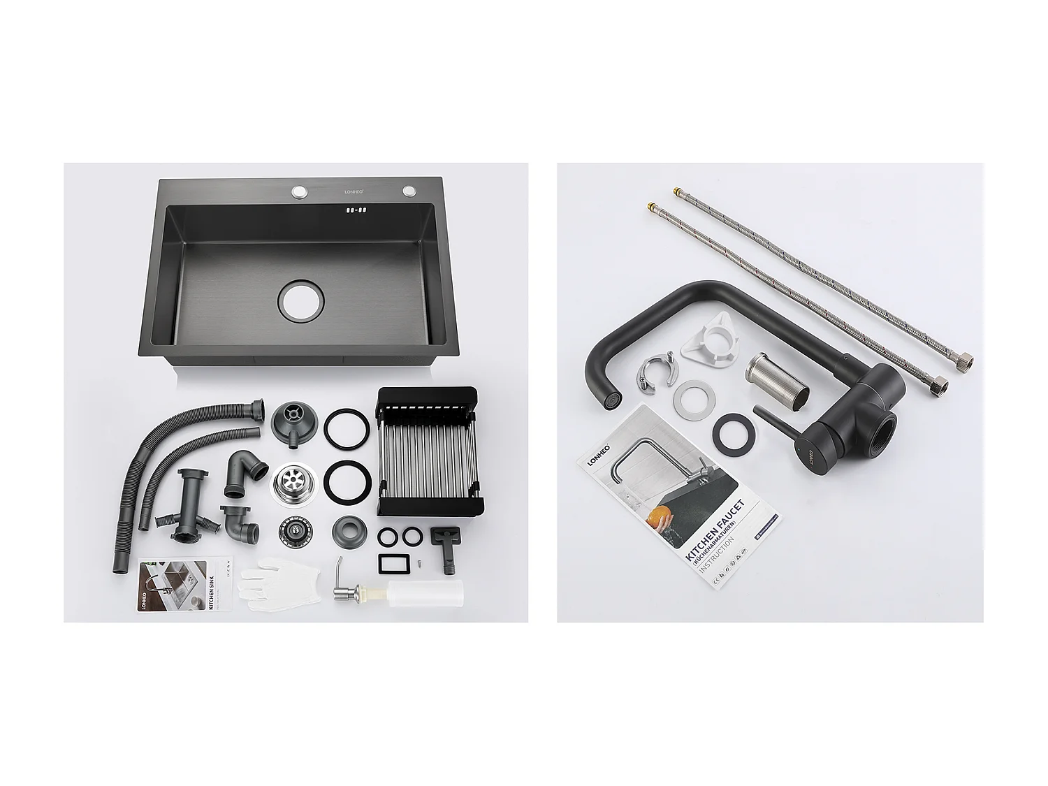 Lavello da Cucina Nero 68x45x19CM con Distrustore di sapone/Scolapiatti cestino+Miscelatore Cucina Pieghevole Girevole 360° Acqua fredda Calda