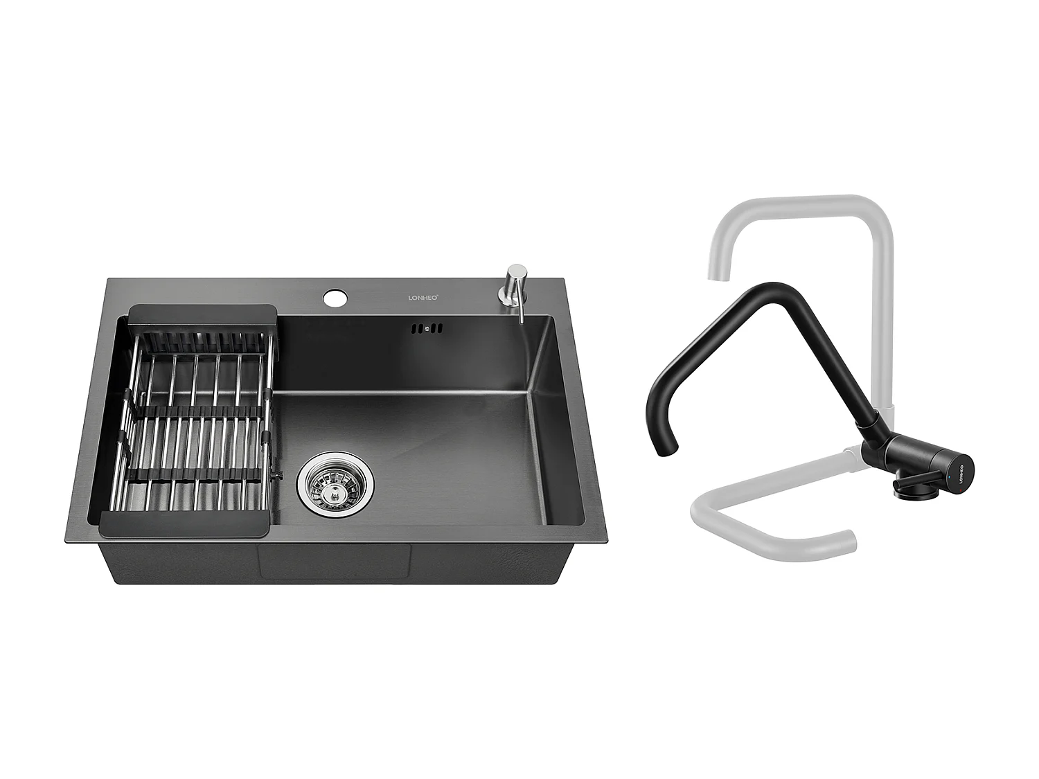 2 en 1 Évier de Cuisine Noir 68x45x19CM avecDistrubuteur de savon et Égouttoir panier+Mitigeur Cuisine Rabattable Pivotant 360° Eau froid Chaud