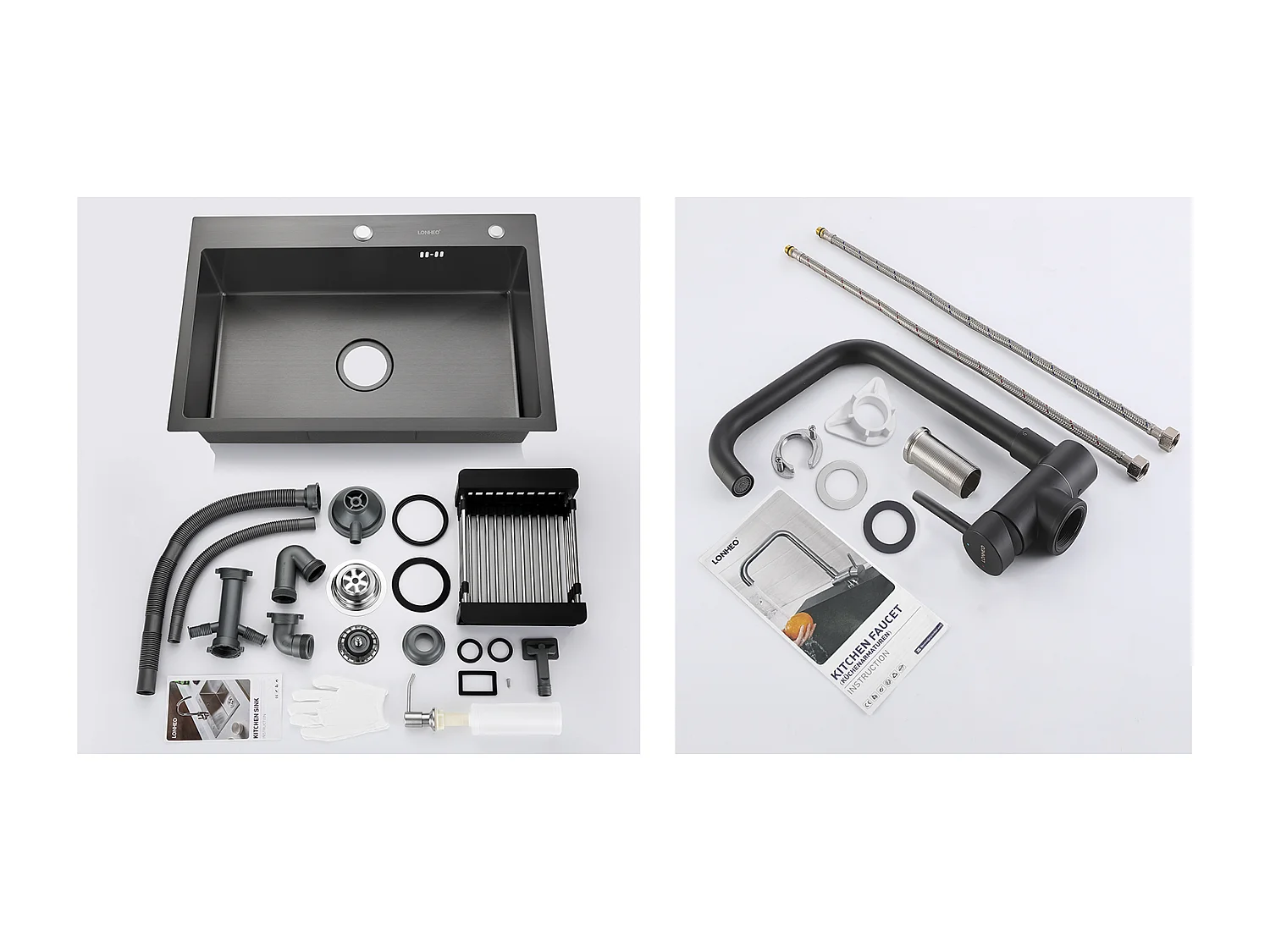 2 in 1 Aanrecht Zwart 68x45x19CM met Zeepafvoer en Afdruiprek Mand + KeukenmengkraanIne Inklapbaar Draaibaar 360° Koud Water Warm