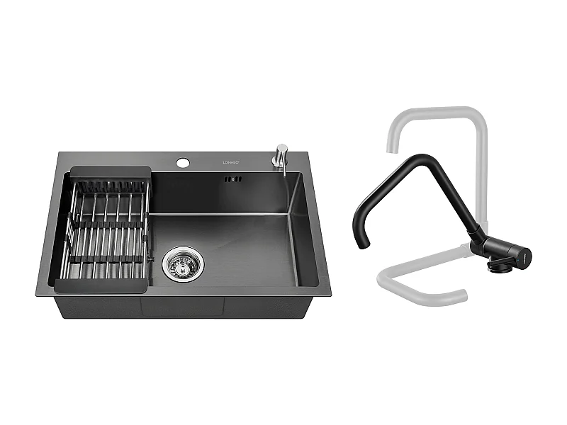 2 en 1 Évier de Cuisine Noir 68x45x19CM avecDistrubuteur de savon et Égouttoir panier+Mitigeur Cuisine Rabattable Pivotant 360° Eau froid Chaud