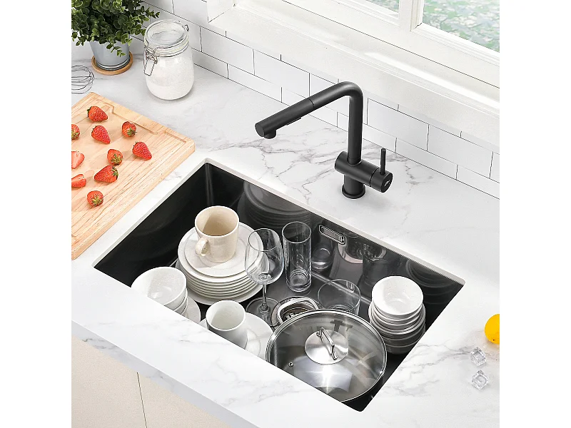 AURALUM MAX Evier Inox 1 Bac 70*44*19CM, Evier Cuisine 1 Bac,avec 2 Trous de Montage,Evier à Encastrer /à Fleur /Sous-Plan,Noir