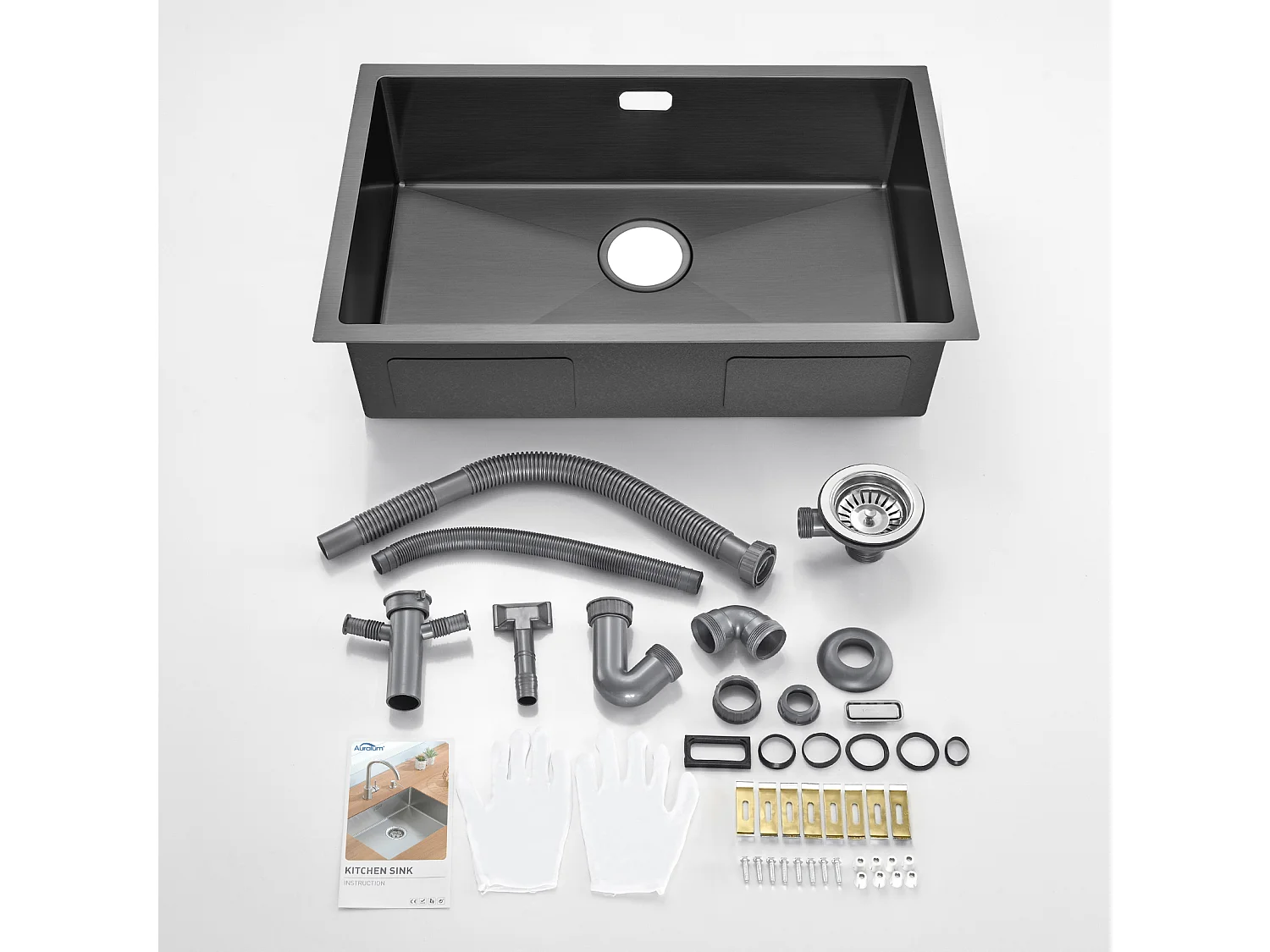 AURALUM MAX Evier Inox 1 Bac 70*44*19CM, Evier Cuisine 1 Bac,avec 2 Trous de Montage,Evier à Encastrer /à Fleur /Sous-Plan,Noir