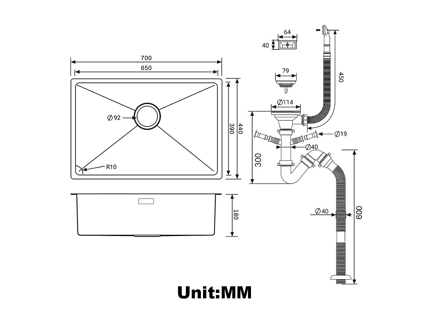 AURALUM MAX Evier Inox 1 Bac 70*44*19CM, Evier Cuisine 1 Bac,avec 2 Trous de Montage,Evier à Encastrer /à Fleur /Sous-Plan,Noir