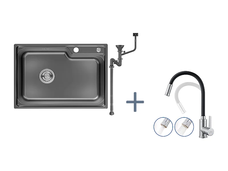 Évier Cuisine 1 Bac 62*45*21CM,en Inox PVD Nano Vasque à Poser,Noir+Mitigeur Cuisine Noir Flexible,Robinet Cuisine Rabattable,avec 2 Types de Jets