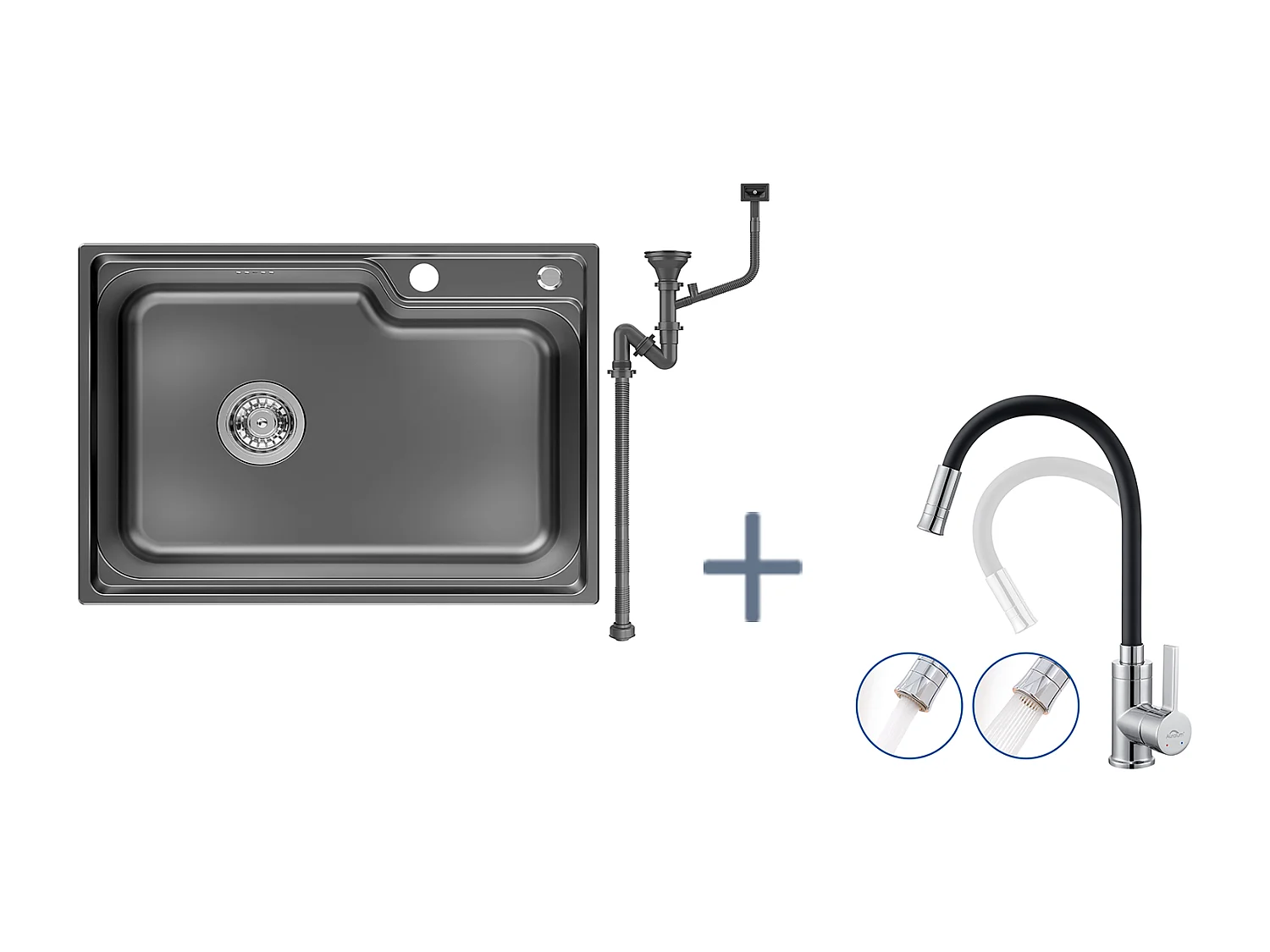 Évier Cuisine 1 Bac 62*45*21CM,en Inox PVD Nano Vasque à Poser,Noir+Mitigeur Cuisine Noir Flexible,Robinet Cuisine Rabattable,avec 2 Types de Jets