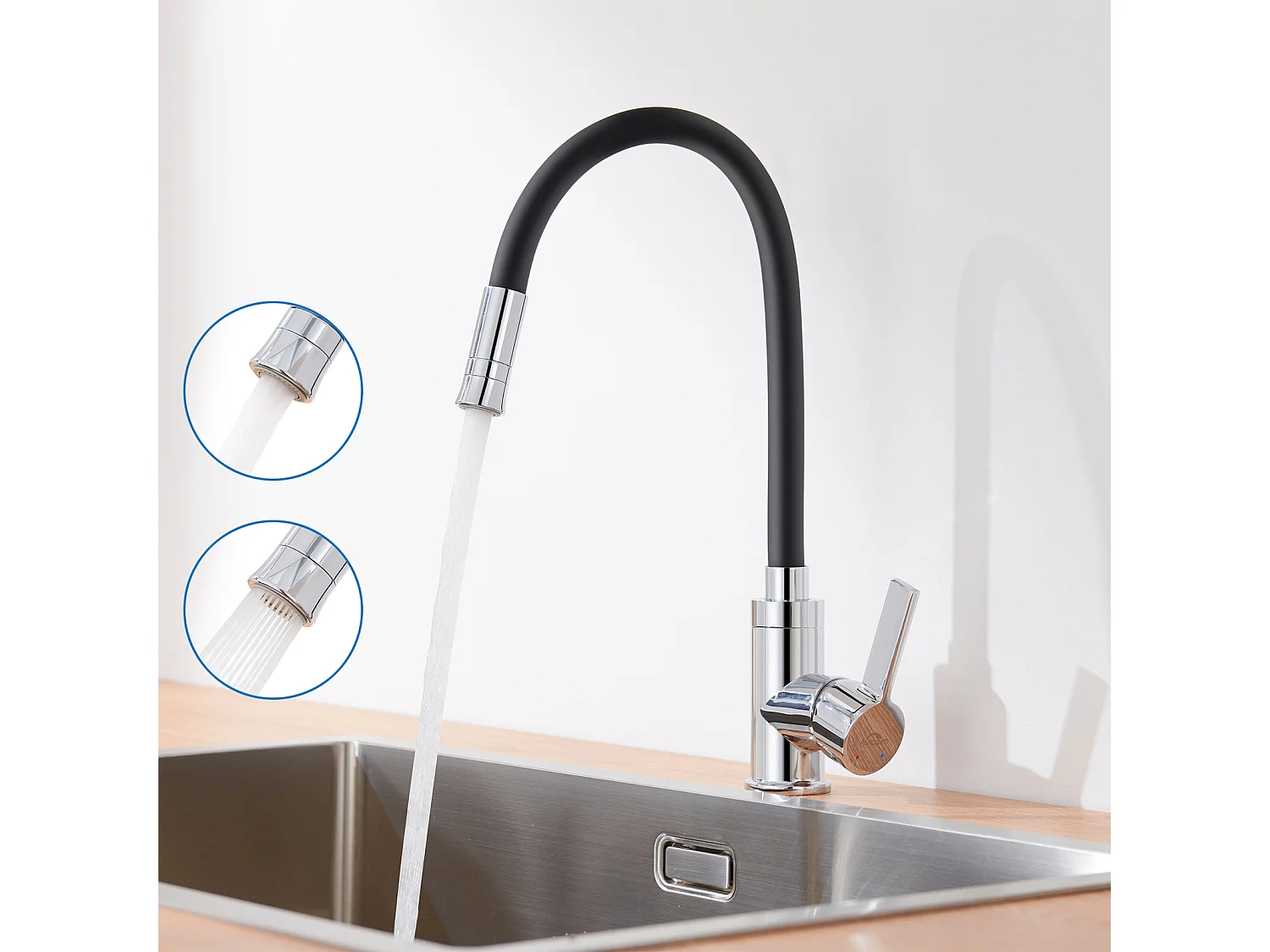 Évier Cuisine 1 Bac 62*45*21CM,en Inox PVD Nano Vasque à Poser,Noir+Mitigeur Cuisine Noir Flexible,Robinet Cuisine Rabattable,avec 2 Types de Jets