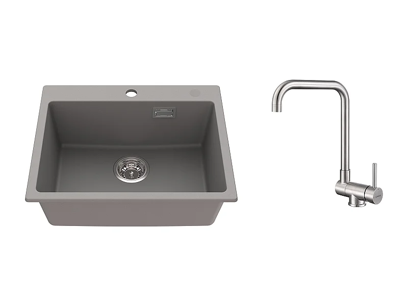 1 Bac Évier Cuisine en Granit,55*45*20cm,Kit de Vidage,Gris+Mitigeur Cuisine Rabattable Pivotant 360° Eau froid Chaud