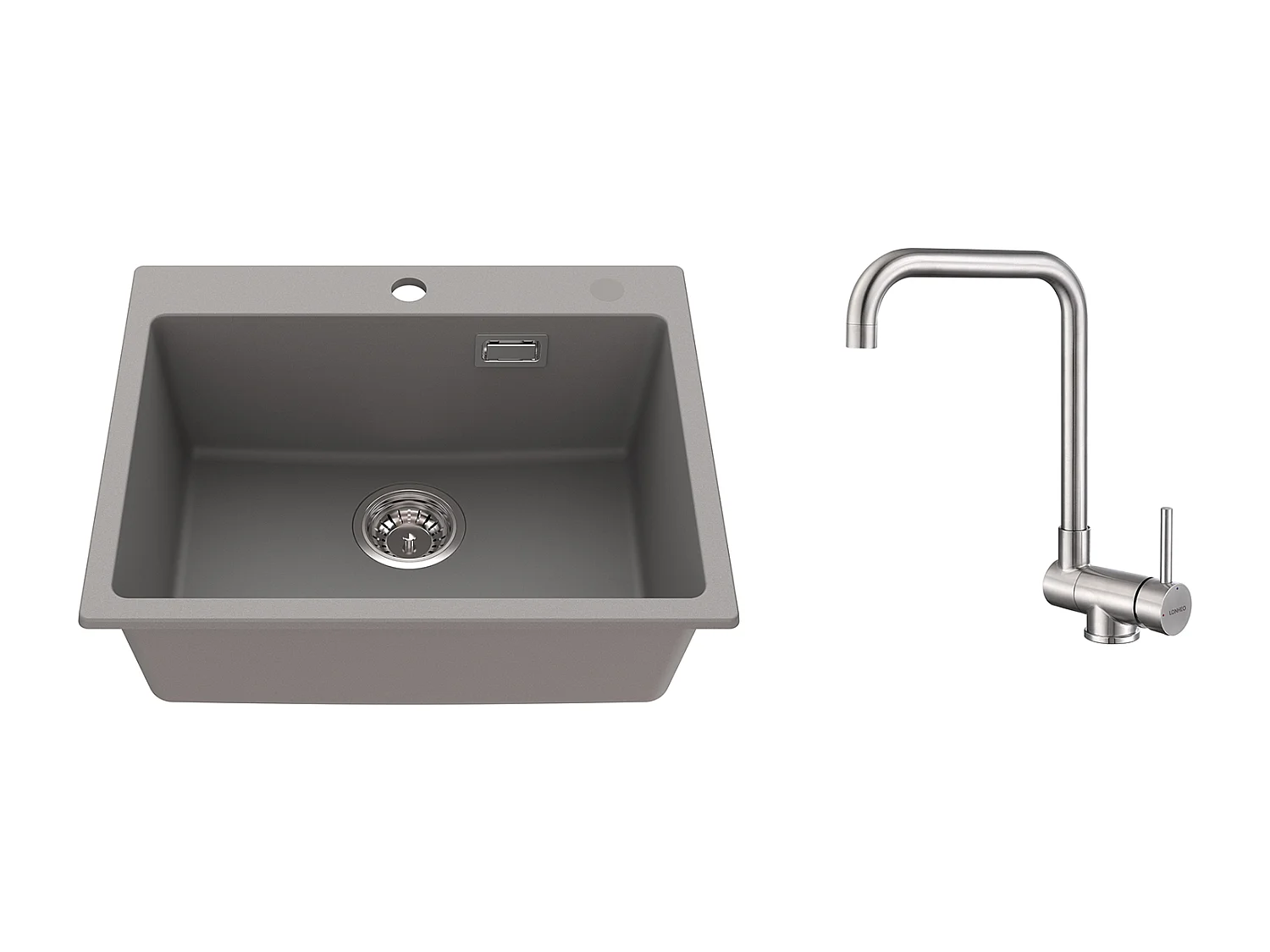 1 Bac Évier Cuisine en Granit,55*45*20cm,Kit de Vidage,Gris+Mitigeur Cuisine Rabattable Pivotant 360° Eau froid Chaud