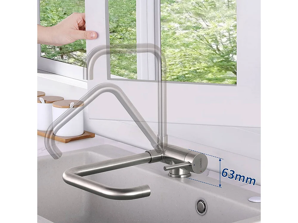 1 Granieten Aanrecht Keukenbak, 55*45*20cm, Afvoerset, Grijs+ Opklapbare Keukenmengkraan 360° Draaibaar Koud Water Warm