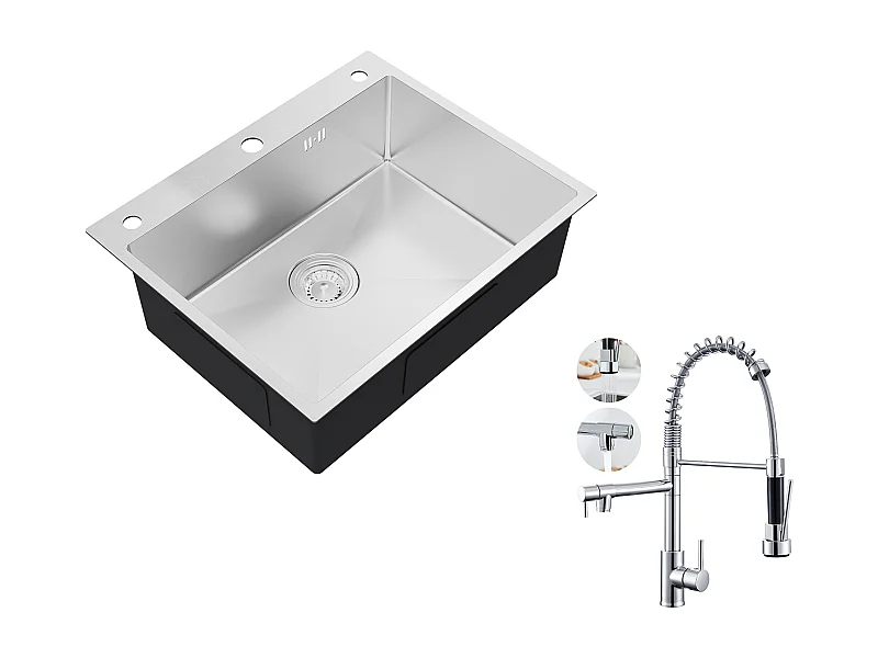 Fregadero de cocina empotrado,1 Bandeja,60*49*20CM, Fregadero 1 Cubo de acero inoxidable 304,Silver+Grifo Cocina Giratorio 360° Ducha Extraíble