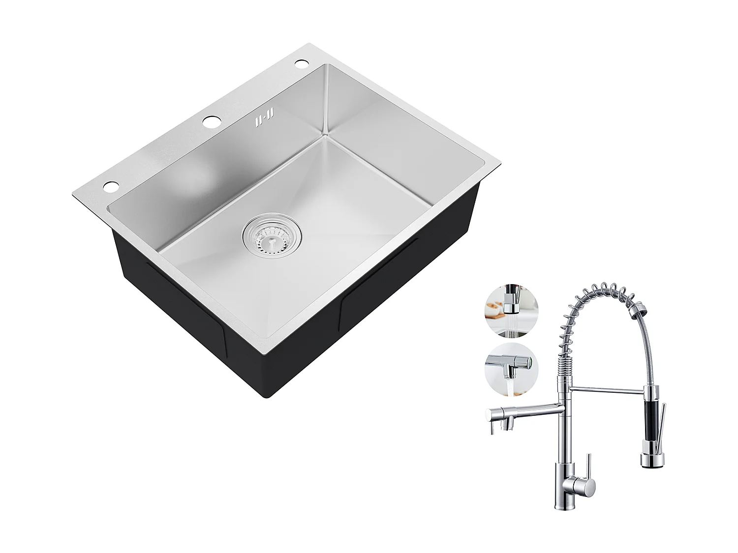 Auralum max Inbouw Aanrecht,1 Bak,60*49*20CM,Spoelbak 1 Bak in RVS 304,Zilver+Roterende Keukenkraan 360° Uittrekbare Handdouche