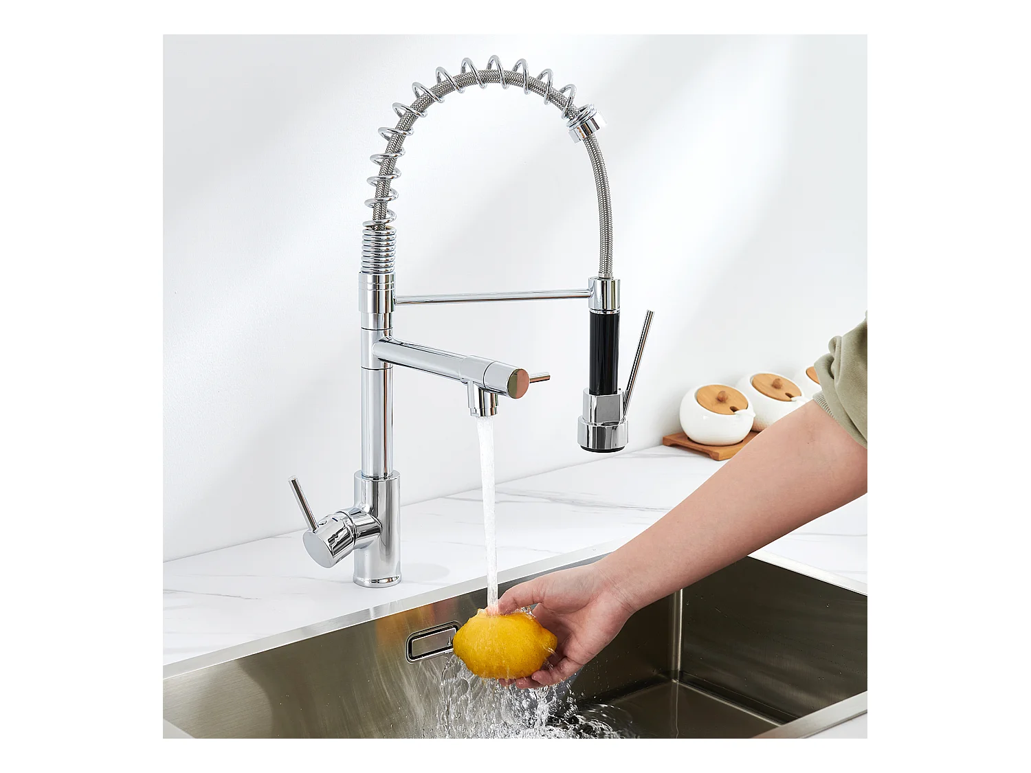 Auralum max Inbouw Aanrecht,1 Bak,60*49*20CM,Spoelbak 1 Bak in RVS 304,Zilver+Roterende Keukenkraan 360° Uittrekbare Handdouche