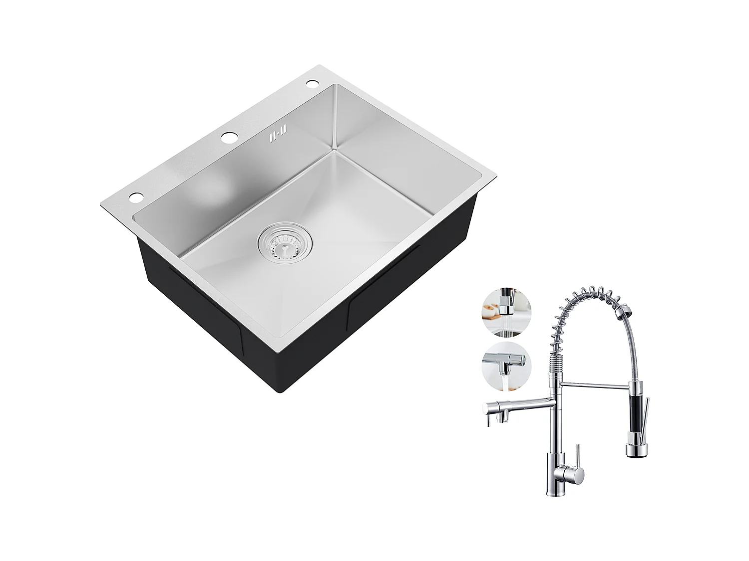 Auralum max Évier de Cuisine à Encastrer,1 Bac,60*49*20CM,Évier 1 Cuve en inox 304,Silver+Robinet Cuisine Rotatif 360° Douchette Extractible
