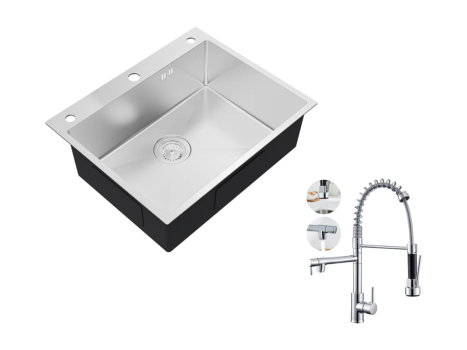 Auralum max Évier de Cuisine à Encastrer,1 Bac,60*49*20CM,Évier 1 Cuve en inox 304,Silver+Robinet Cuisine Rotatif 360° Douchette Extractible